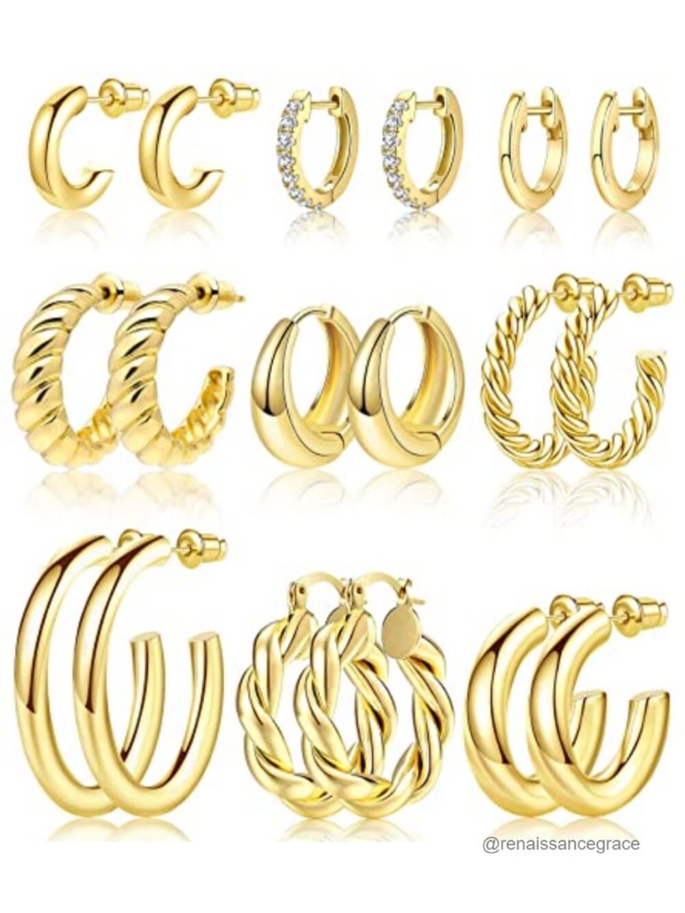 9 Pair Gold Plated Hoop Earring Set for Women Punk Twist Huggie Hoop Earrings